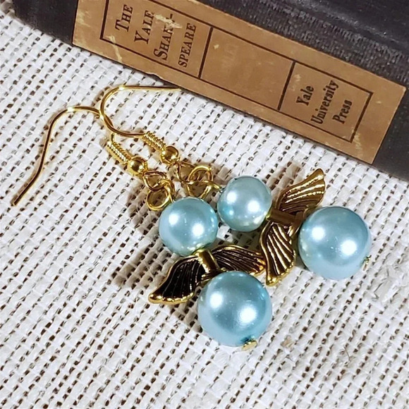 Sustainable Christmas Holiday Angels Gold Plated Light Blue Glass Pearl Earrings - Picture 5 of 9